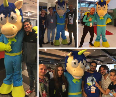 A collage of pictures from the conference. Different people hugging the AgileTD unicorn