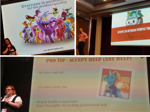 A collage of 3 pictures showing 3 different speakers having unicorn on their slides.