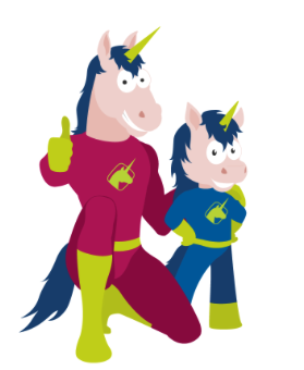 The current version of the agile testing days unicorn. Two unicorn, the bigger is Akira and the smaller is Unity