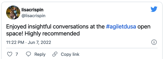 Tweet from Lisa Crispin